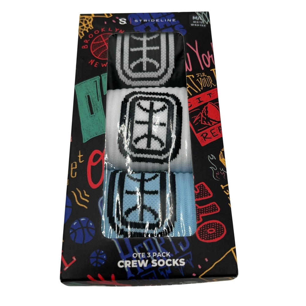 Strideline Overtime Elite OTE 3 Pack Crew Socks Mens 8-12 Black White Blue New